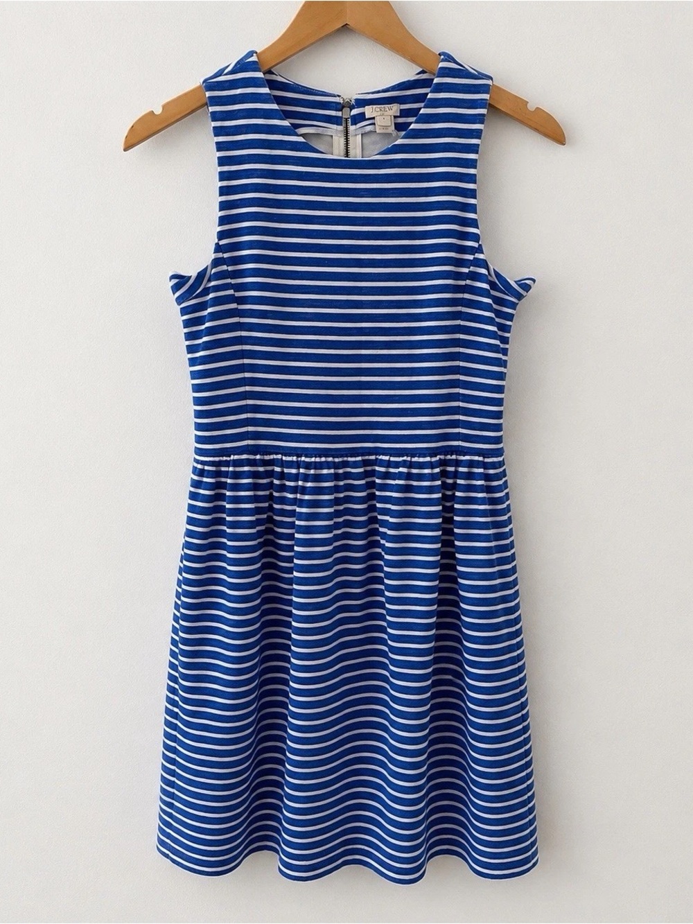 J. Crew Blue and White Striped Sleeveless Fit-and-Flare Dress